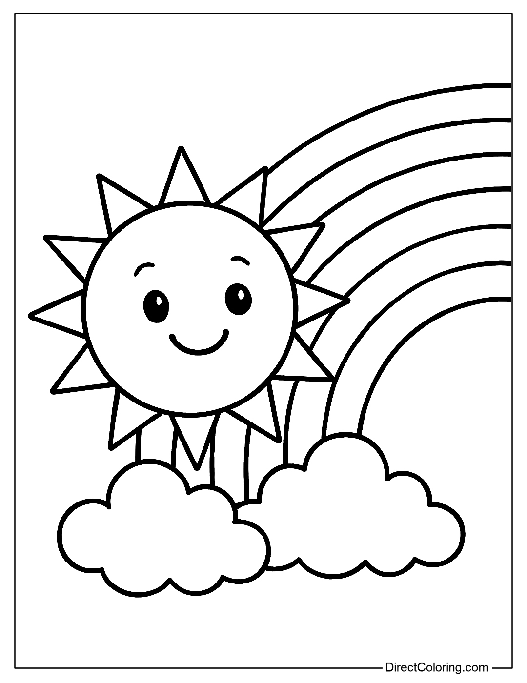 Sun coloring page with a bright rainbow, simple cartoon style